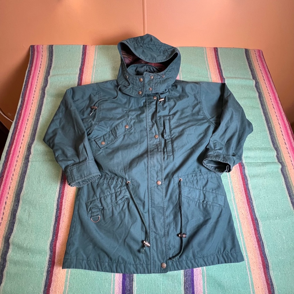 Eddie Bauer Mountain Parka Mens M Teal Green Plaid Wool Lined Hooded Jacket VTG